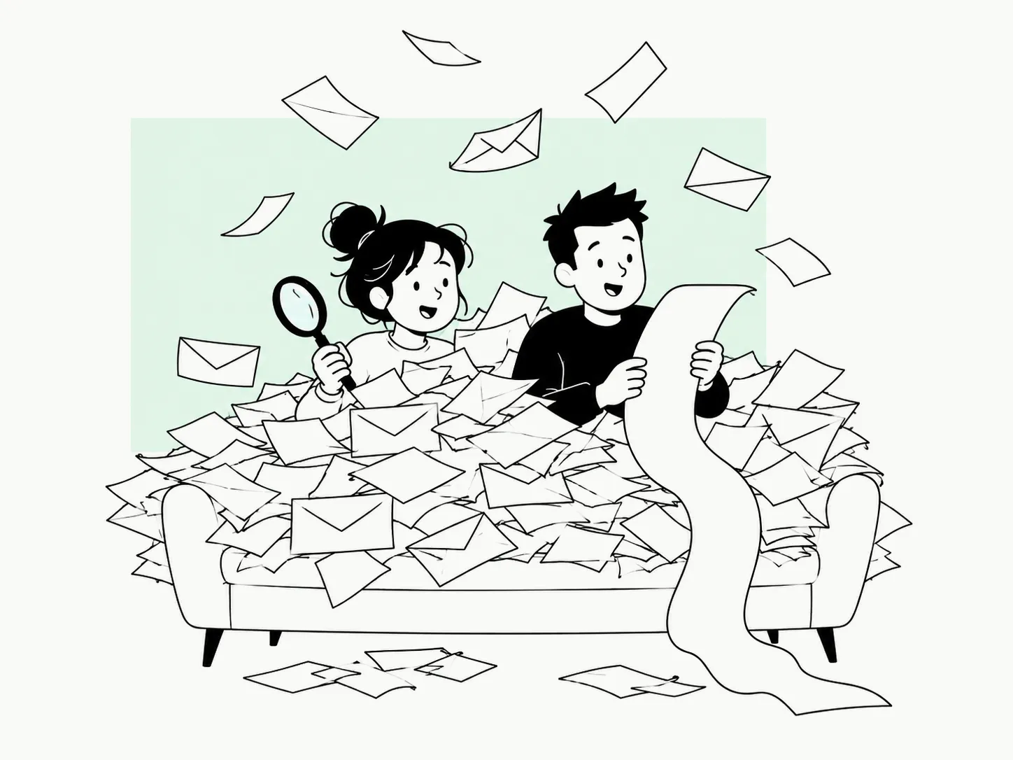 A couple on a sofa, buried under a shower of envelopes and quotes