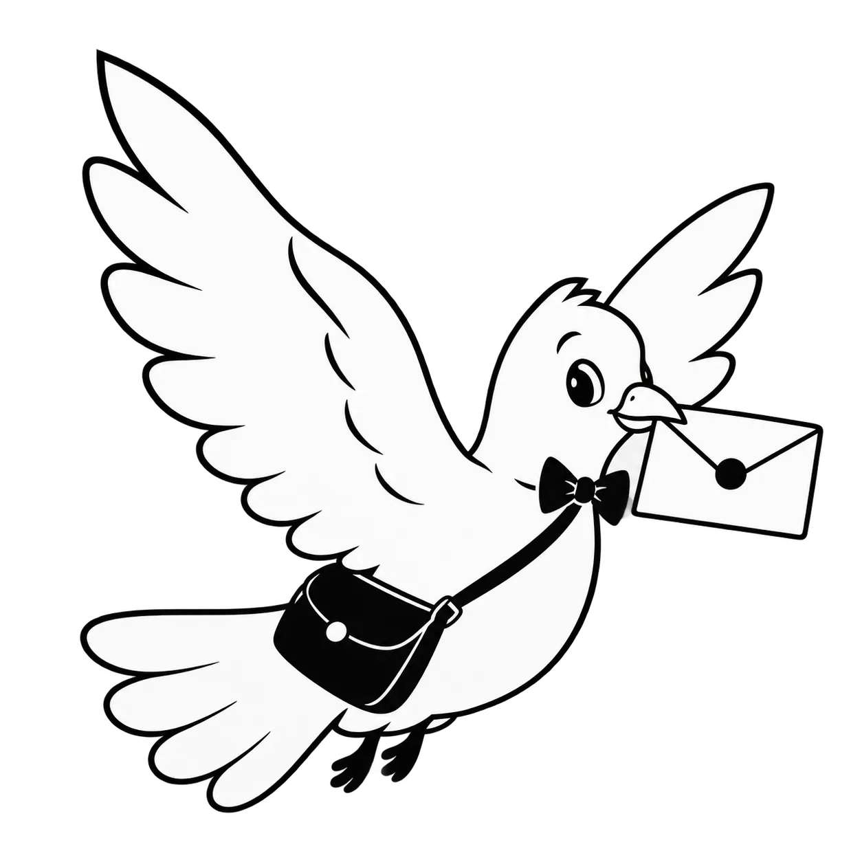 A dove in a bow tie carrying an envelope, with a satchel of letters
